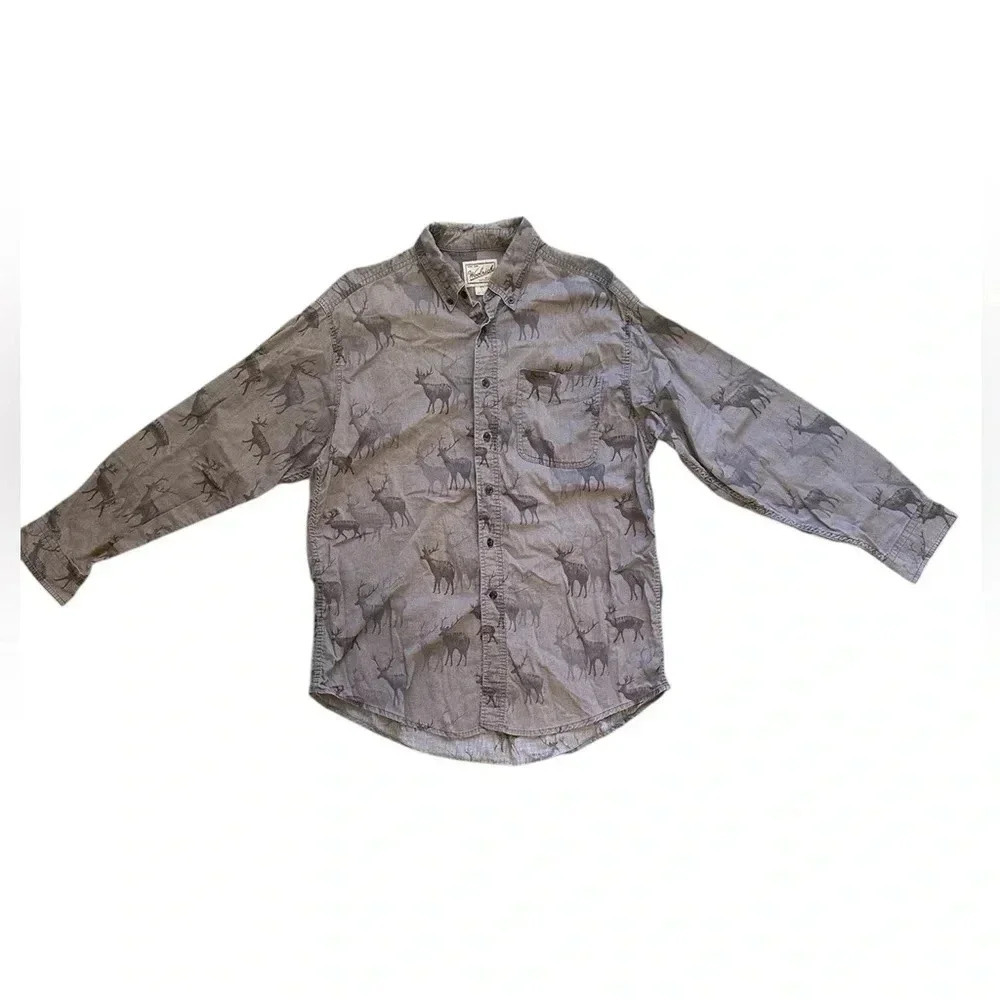 Woolrich Shirt Mens L Wildlife All Over Print Deer Stag Elk Outdoors Hunting